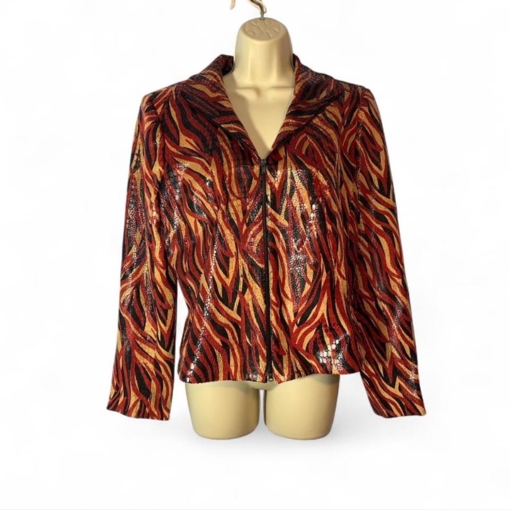 Cache fitted jacket zip up embossed shiny Crocadile texture red black tan 12